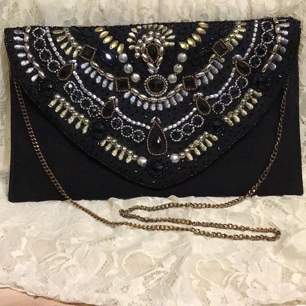 La Chic Multi Cultural Clutch/Crossbody w/Gold Chain - Beading and embroidered